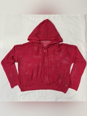 SHEIN EZwear Pink Crochet Knit Hoodie Women’s Medium Lace Up Beach Core Boho